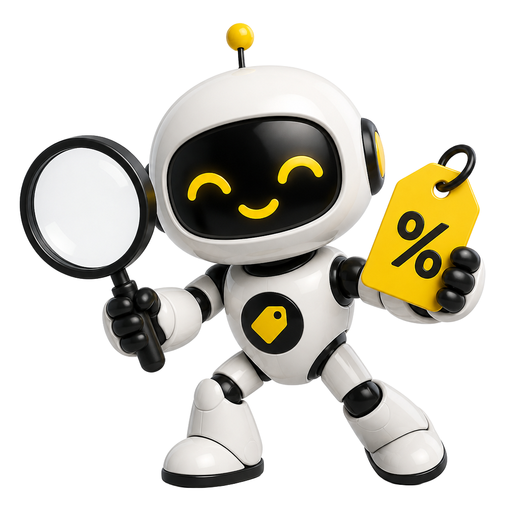 Mascote robô do Robô das Promoções segurando uma lupa e uma etiqueta de desconto